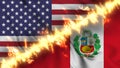 Illustration of a waving flag of Peru and the United States separated by a line of fire.