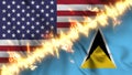 Illustration of a waving flag of Saint Lucia and the United States separated by a line of fire.