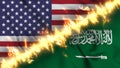 Illustration of a waving flag of Saudi Arabia and the United States separated by a line of fire.