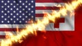 Illustration of a waving flag of Tonga and the United States separated by a line of fire.