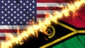 Illustration of a waving flag of Vanuatu and the United States separated by a line of fire.