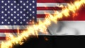 Illustration of a waving flag of Yemen and the United States separated by a line of fire.