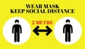 An illustration WEAR MASK KEEP SOCIAL DISTANCE 2 METRE on yellow background with icons.