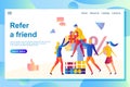 Illustration of the web page friend sharing referral code. People sharing gifts with friends and receiving bonuses