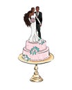 Illustration of a Wedding Cake with Black Bride and Groom Figures on Top.