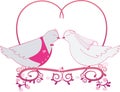 Illustration wedding pigeons and heart. Icon or card of doves
