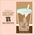 Illustration of Weekend Discount Coffee Time Vector Poster. Bright Sale Flyer Template with Travel Icons