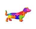 Illustration of a Weiner dog cat composed out of colorful puzzle pieces on a white background