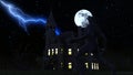 Illustration of a werewolf during the full moon near a house in the creepy forest Royalty Free Stock Photo