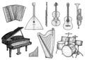 Collection of musical instruments illustration, drawing, engraving, ink, line art, vector Royalty Free Stock Photo