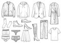 Collection of clothes illustration, drawing, engraving, ink, line art, vector Royalty Free Stock Photo