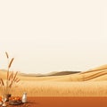 an illustration of a wheat field with a bowl of cereal and a bottle of milk