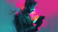 illustration in which a man is wearing a suit and holding a tablet, colorful surrealist, pop art prints