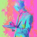 illustration in which a man is wearing a suit and holding a tablet, colorful surrealist, pop art prints