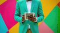 illustration in which a man is wearing a suit and holding a tablet, colorful surrealist, pop art prints