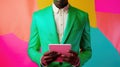 illustration in which a man is wearing a suit and holding a tablet, colorful surrealist, pop art prints