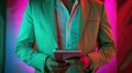 illustration in which a man is wearing a suit and holding a tablet, colorful surrealist, pop art prints