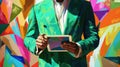 illustration in which a man is wearing a suit and holding a tablet, colorful surrealist, pop art prints