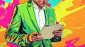 illustration in which a man is wearing a suit and holding a tablet, colorful surrealist, pop art prints