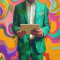 illustration in which a man is wearing a suit and holding a tablet, colorful surrealist, pop art prints