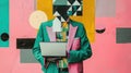 illustration in which a man is wearing a suit and using laptop, colorful surrealist, pop art prints, nostalgia