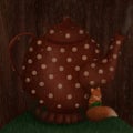 Illustration of a whimsical red teapot with polka dots. Fox seeking shelter rain