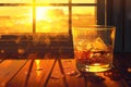 Illustration of a whiskey glass in sunset light. Concept of relaxation, end-of-day unwind, and the pleasure of solitude.