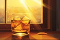 Illustration of a whiskey glass in sunset light. Concept of relaxation, end-of-day unwind, and the pleasure of solitude.