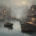 Whispers of fog over a tranquil harbor, cloaking ships in mystery Royalty Free Stock Photo
