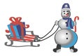 Child snowman and sleigh with gift Royalty Free Stock Photo