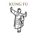Illustration with a white background, drawing of a person practicing martial arts and written in golden KUNG FU
