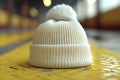 Of a white beanie on a yellow background, in a minimalist style, with high resolution Royalty Free Stock Photo
