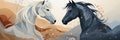 Illustration of a white and black horse in the form of a banner Royalty Free Stock Photo