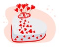 Illustration, white cake in the shape of a heart, decorated with red hearts. Decor for Valentine\'s Day, wedding day. Royalty Free Stock Photo