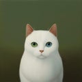 Illustration of White cat with different color eyes. Turkish angora. Van kitten with blue and green eye lies on white bed. Royalty Free Stock Photo