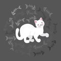 Illustration of a white cat surrounded by a fish bones cartoon-style illustration on a dark background, vector eps 10 format Royalty Free Stock Photo