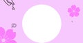 Illustration of white circle with flowers, palette, paintbrush and mortarboard on pink background