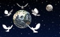 White doves of peace fly to earth. International symbol of peace. Royalty Free Stock Photo