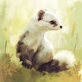 Illustration of a white ferret sitting on a meadow.