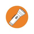 Illustration of a white flashlight with a black outline, featuring a switch and clip, set against a vibrant orange circular Royalty Free Stock Photo