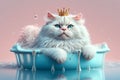 illustration of white fluffy queen cat laying in the bath. grooming animal concept