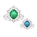 Illustration of a white gold jewellery ring with gemstones. Isolated object on white background. White gold with large