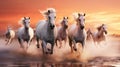 Illustration of a white herd of horses galloping at sunset