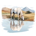 An illustration of a white horse drinking water on a river Royalty Free Stock Photo