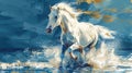 Illustration of a white horse in motion with splashing blue water. Royalty Free Stock Photo