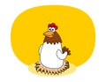 Illustration of a white laying hen incubating eggs on a yellow background - vector