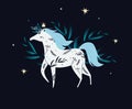 Illustration with white magic princess horse. Dark mystic poster, fairy card