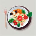 Illustration of a white plate filled with a healthy salad with vegetables on a grey background Royalty Free Stock Photo