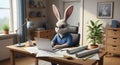 Illustration of a white rabbit in glasses working on a laptop in a modern home office with architectural blueprints. concept of Royalty Free Stock Photo