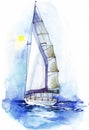 Illustration of a white sail in a blue sea on a white background.